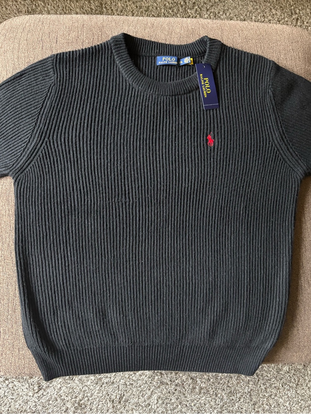 Polo by Ralph Lauren Black Ribbed Crewneck Sweater with Red Pony